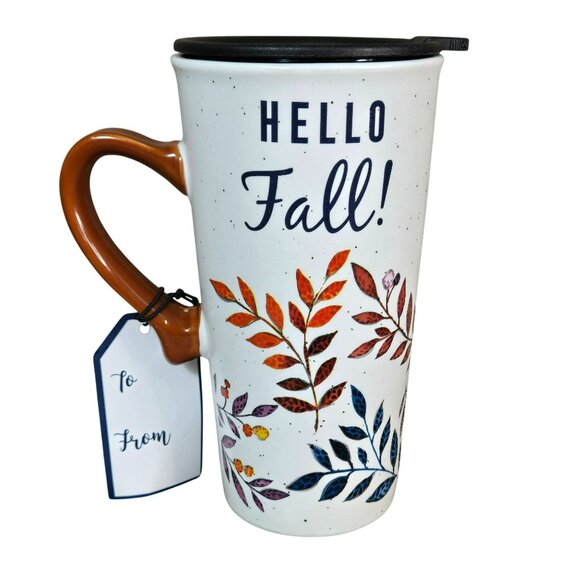 NWT Hello Fall! by Sheffield Home 6.5" Tall Fall Ceramic Travel Mug With Lid - Picture 2 of 11